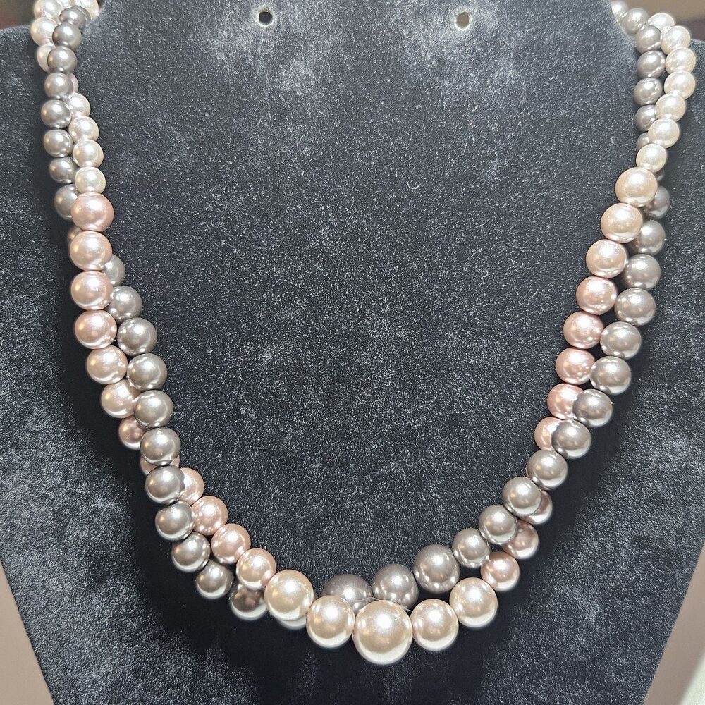 Vntg Roman Twistd Double Pink Gray Faux Pearl Necklace W Extend 18-22"